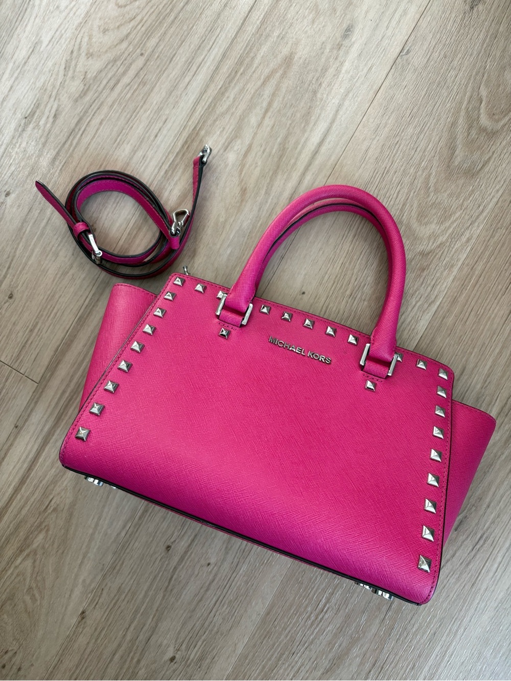 Michael Kors Hot Pink Silver Studded Handbag With Crossbody Strap